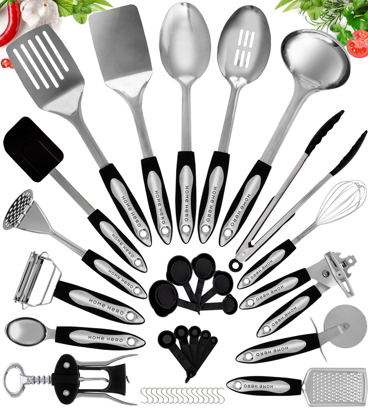 Home Hero 41 Pcs Stainless Steel Kitchen Utensils Set - Nonstick Stainless Steel Cooking Utensils Set - Heat Resistant Kitchen Essentials & Metal Kitchen Gadgets (41 Pcs Set) Home Hero