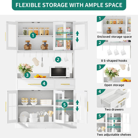 YITAHOME 71'' Kitchen Pantry Storage Cabinet with Microwave Stand, Tall Freestanding Hutch Cabinet with Power Outlet, Pantry Cabinet with Buffet Cupboard, Drawers and Acrylic Doors for Home, White YITAHOME
