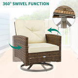 YITAHOME 3-Piece Patio Wicker Swivel Chairs, Outdoor Small Furniture Rocking Coversation Chairs w/Thick Cushions and Table for Garden, Backyard and Balcony (Tan Chairs + Off- White Cushions) YITAHOME