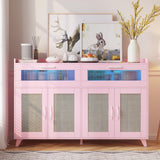 Sideboard Buffet Cabinet With LED Light & Power Outlet, Kitchen Storage Cabinet With 2 Acrylic-Board Drawers & 4 Rattan Doors, Coffee Bar Cabinet Wood Buffet Table for Kitchen, Dining Room (Pink) GarveeHome