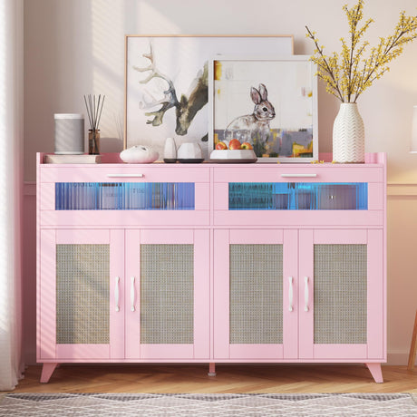 Sideboard Buffet Cabinet With LED Light & Power Outlet, Kitchen Storage Cabinet With 2 Acrylic-Board Drawers & 4 Rattan Doors, Coffee Bar Cabinet Wood Buffet Table for Kitchen, Dining Room (Pink) GarveeHome