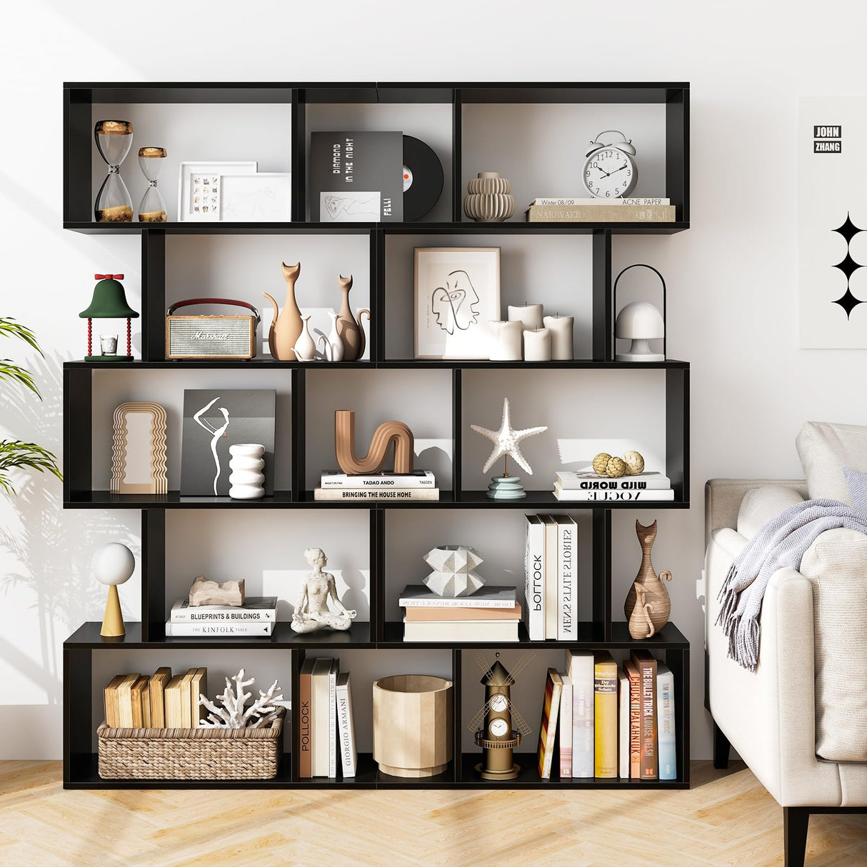 Giantex 5-Tier Geometric Bookshelf Set of 2 Black, 62.5" Tall Wood S-Shaped Bookcase with Anti-Tipping Device, Floor Standing Display Shelf for Bedroom, Living Room, Study Giantex