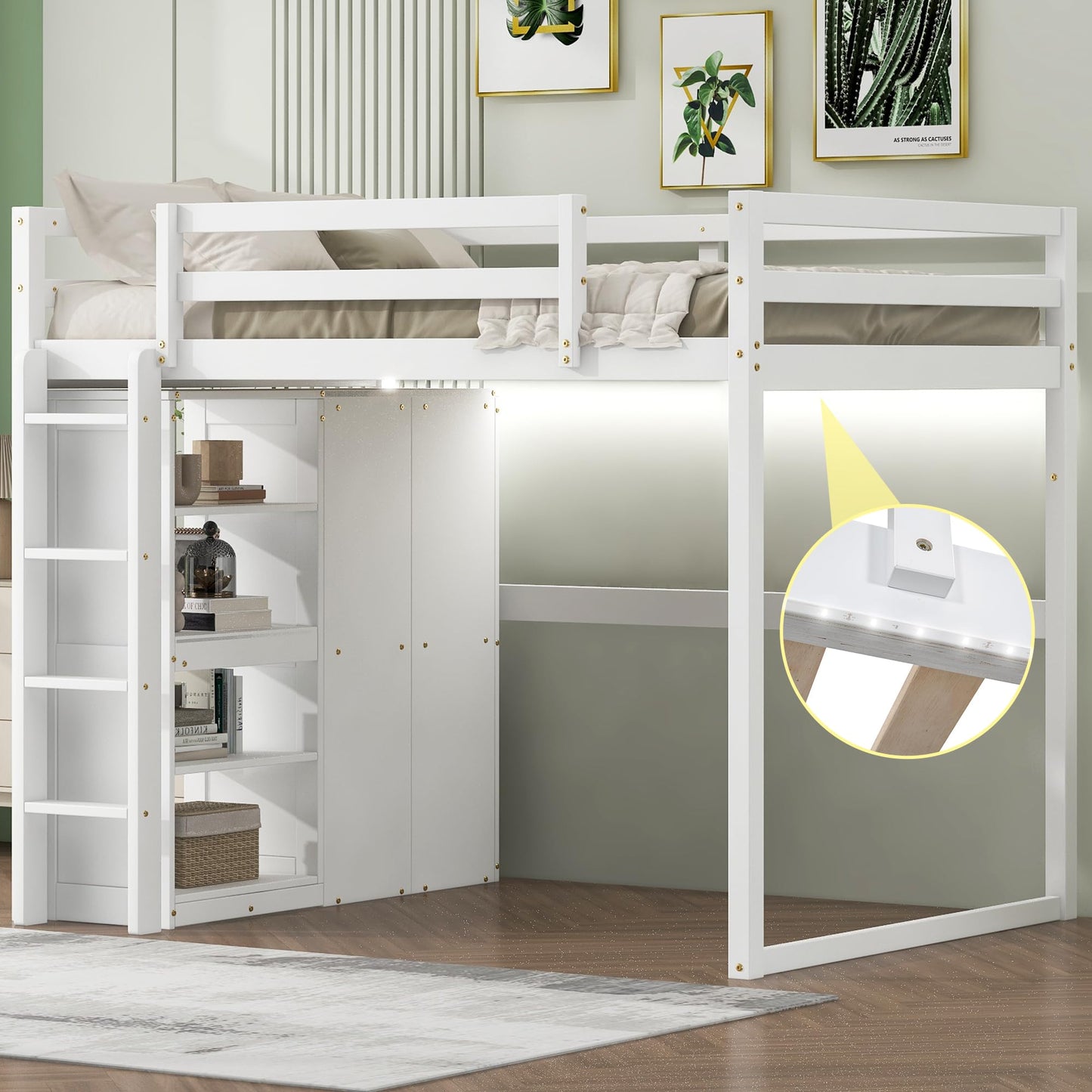 Linique Full Size White Loft Bed with LED Light and Built-in Wardrobe - WoodArtSupply