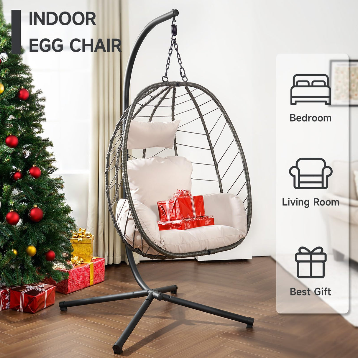 ONBRILL Hanging Egg Chair with Stand, Outdoor Indoor Egg Swing Chair with Cushion Headrest, Rattan Wicker Egg Chair with Dual Chains, 350LBS Capacity for Patio, Porch, Balcony, Bedroom (Khaki) ONBRILL