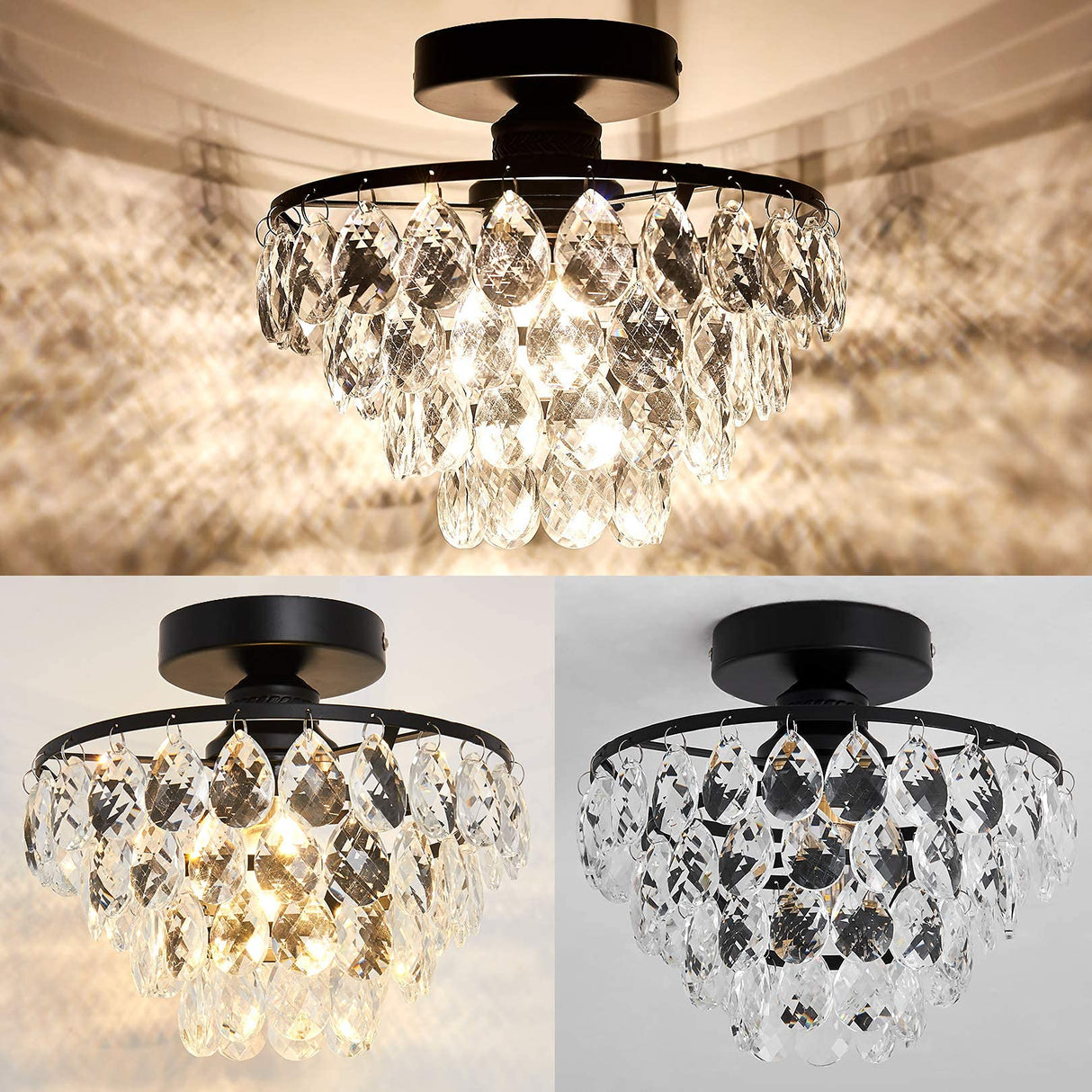 YYJLX Modern Small Crystal Ceiling Light Fixture Mini Black Semi Flush Mount Chandelier Light Fixture for Hallway Bedroom Bathroom Closet e26 YYJLX