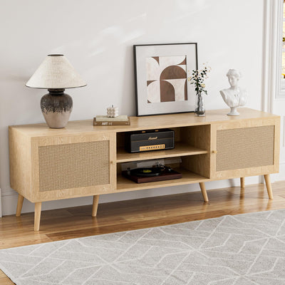 ZttRiee TV Stand for TVs up to 65'', Entertainment Center with Rattan Door, Shelves & 2 Cabinets, Long Boho Media TV Console for Living Room, Natural
