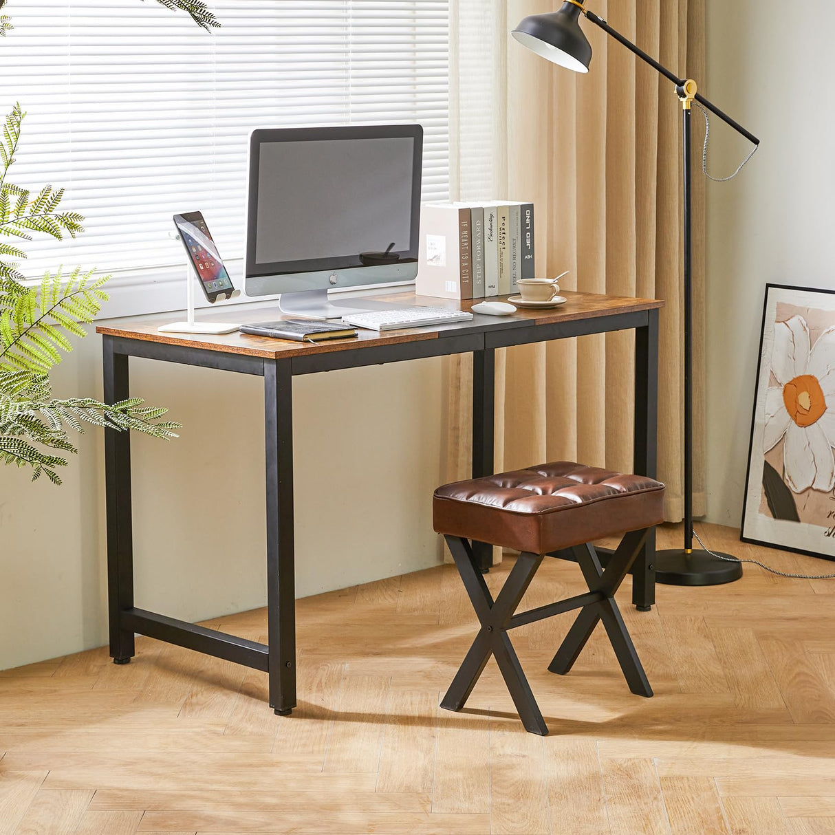 IBUYKE Square Makeup Stool with X-Leg Foot Rest, PU Footrest Stool, Ottoman Seat Vanity Stool, Multi-Use as Small Side Table, for Bedroom, Living Room, Dark Brown LG-71Z IBUYKE