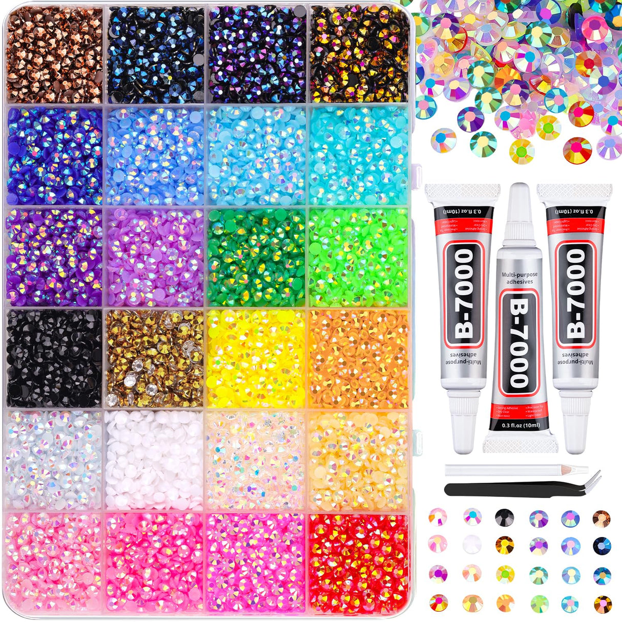 30000Pcs Resin Jelly Rhinestones for Bedazzling, Mixed-Color 3mm Flatback Gems for Diamond Art, Bedazzler Kit with 3Pcs 10ml B7000 Jewelry Glue for Crafting Crafts Book Shoes Nail Art TINKRSTUFF