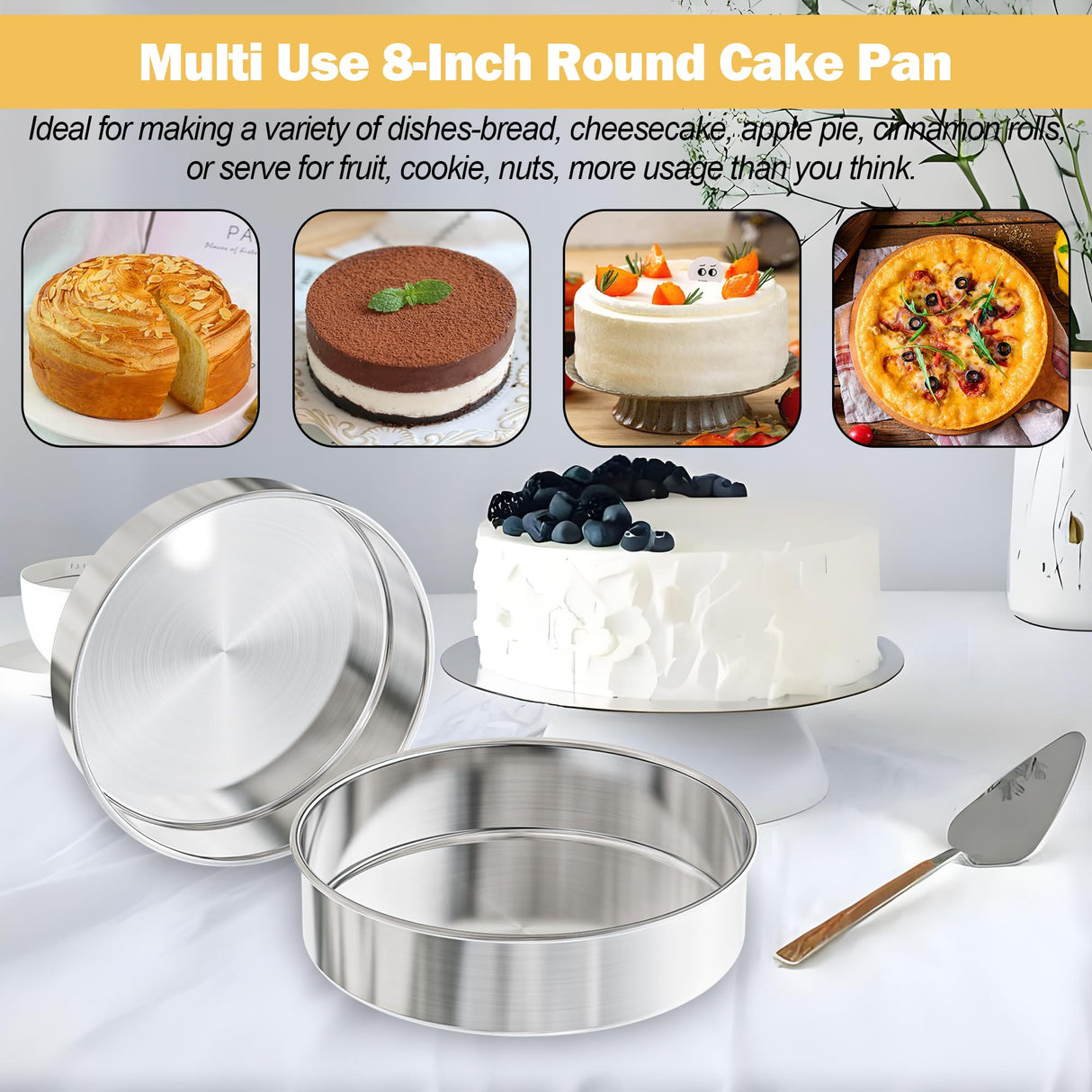 8 Inch Round Cake Pans Set of 2, Nonstick Stainless Steel Baking Pans Set with 100PCS Parchment Papers, Durable Birthday Christmas Circle Layer Cake Pans, Cake Pans Sets for Baking, Dishwasher Safe AWTBDP