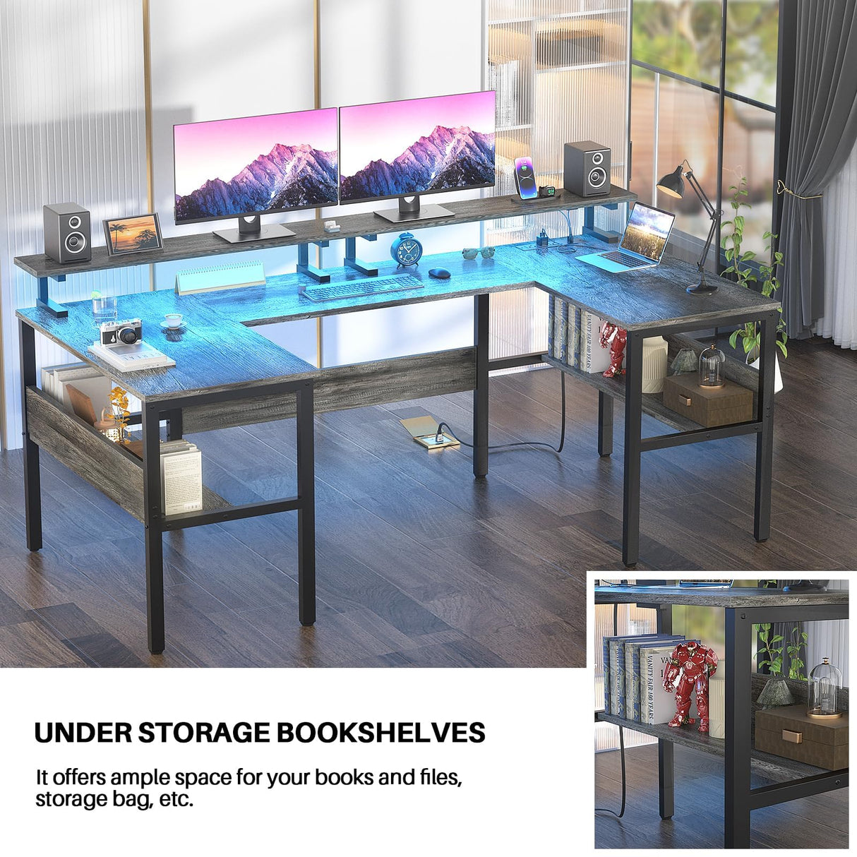 Hyomdeck Customizable U Shaped Desk & L Shaped Office Desks with RGB LED Light, Adjustable Monitor Stand and Power Outlets, Reversible Computer Desk with Storage, Large L Shape Gaming Table, Black Oak Hyomdeck