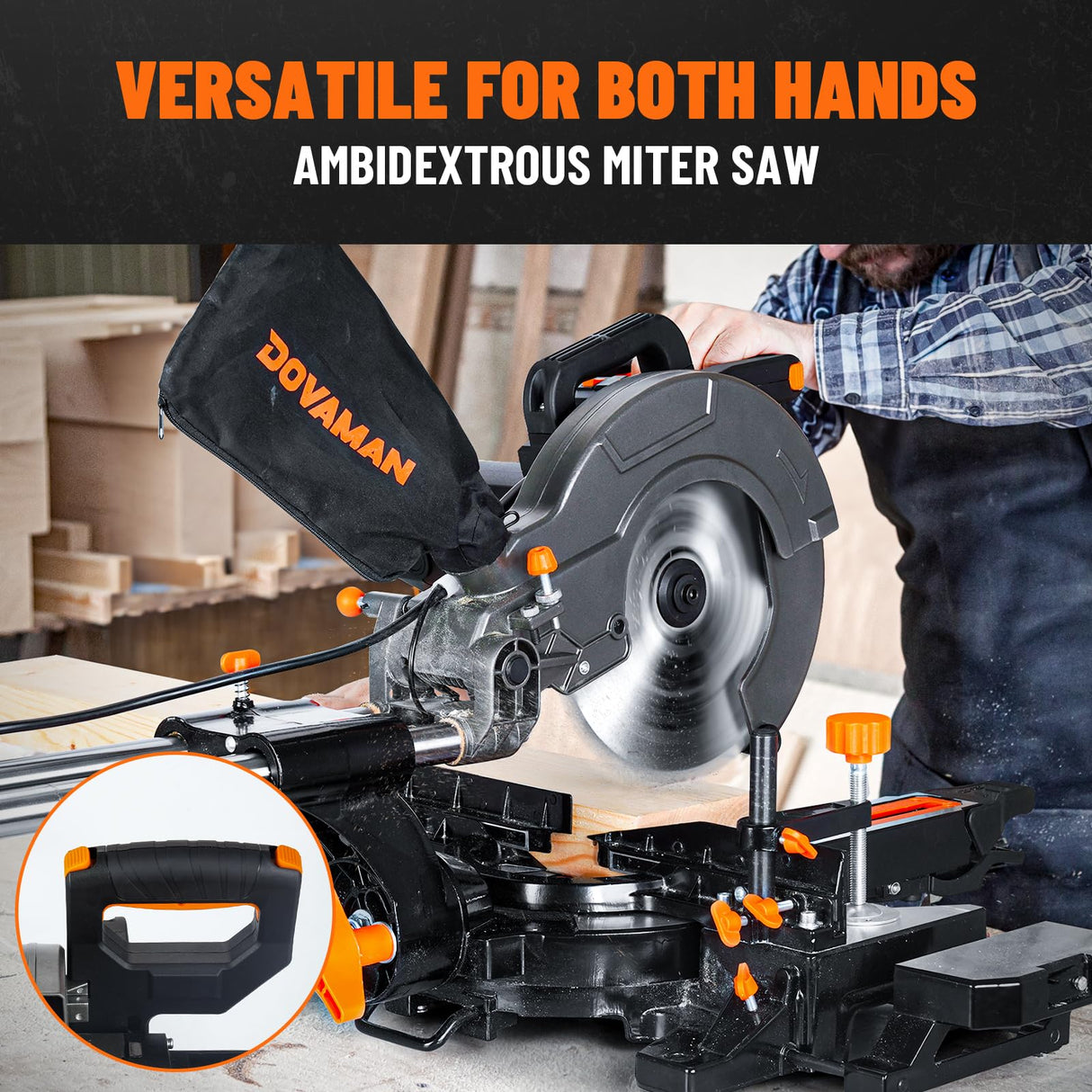 DOVAMAN 10in Sliding Miter Saw, Multi-use w/ 3 Blades, 15A Miter Saw, 4500/3200RPM, Ambidextrous Use, 0-45° Bevel Laser Cut, Max Cut 3.5x13.4in, 9 Positive Stops, for Cutting Wood, PVC or Soft Metal DOVAMAN