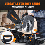 DOVAMAN 10in Sliding Miter Saw, Multi-use w/ 3 Blades, 15A Miter Saw, 4500/3200RPM, Ambidextrous Use, 0-45° Bevel Laser Cut, Max Cut 3.5x13.4in, 9 Positive Stops, for Cutting Wood, PVC or Soft Metal DOVAMAN