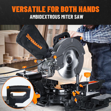 DOVAMAN 10in Sliding Miter Saw, Multi-use w/ 3 Blades, 15A Miter Saw, 4500/3200RPM, Ambidextrous Use, 0-45° Bevel Laser Cut, Max Cut 3.5x13.4in, 9 Positive Stops, for Cutting Wood, PVC or Soft Metal DOVAMAN