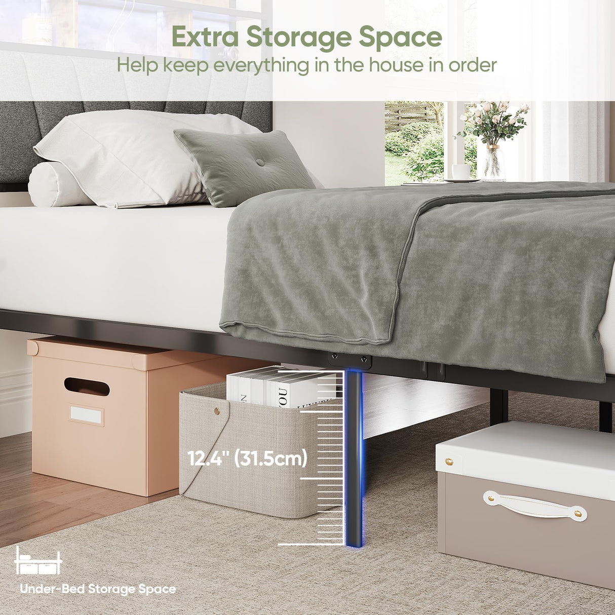 Welzona Twin Bed Frames, Metal Bed Frames with Charging Station, LED Lights Bed Frames with Upholstered Storage Headboard, Sturdy and Noise-Free, Storage Space Under Bed, No Box Spring Needed, Brown Welzona