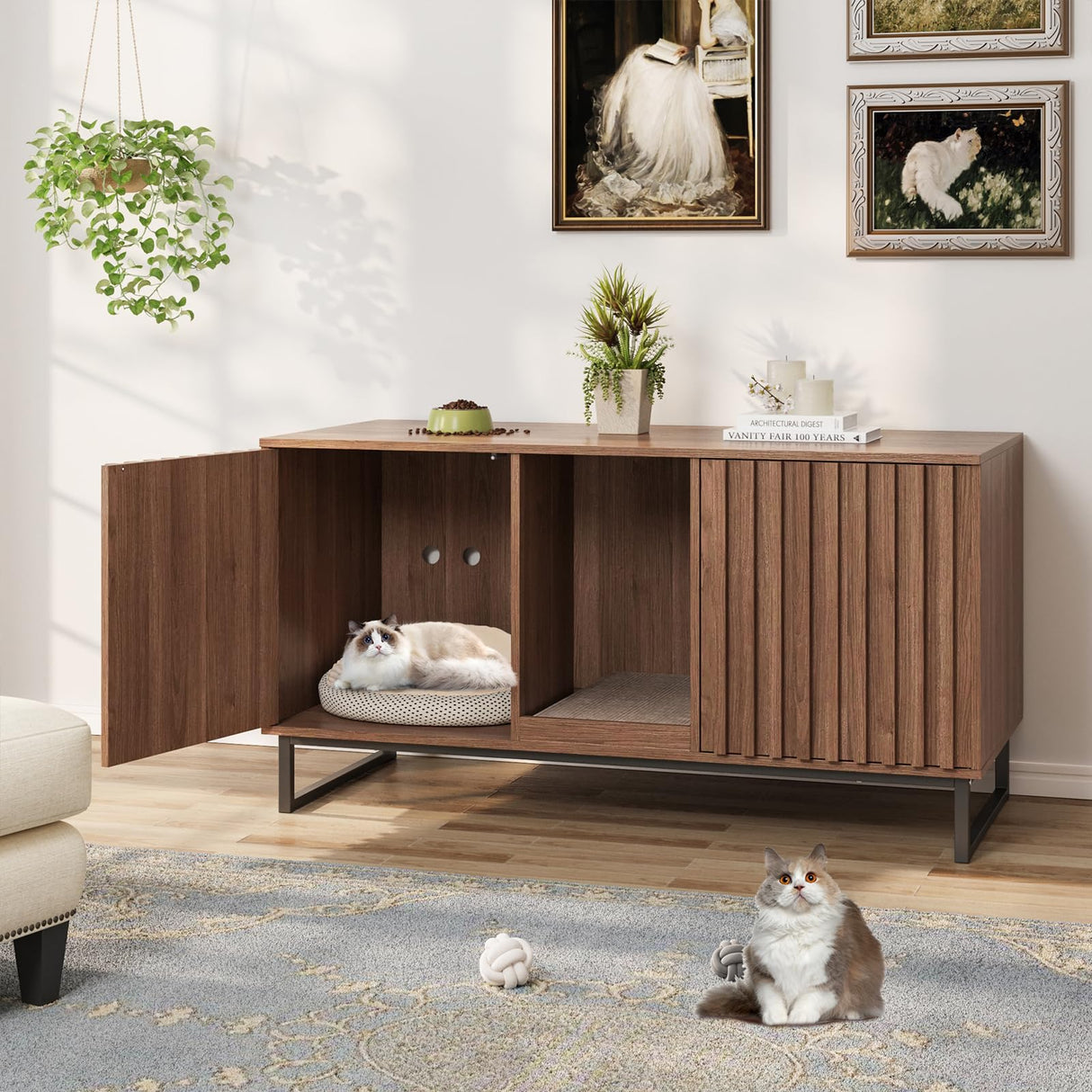 Fienveorn Cat Litter Box Enclosure for 2 Cats, 47.6’’ Litter Box Furniture Hidden with Cat Scratch Pad, Double Room Large Cat Cabinet, Indoor Cat House TV Stand Side Table,Cat Washroom,Brown Halitaa