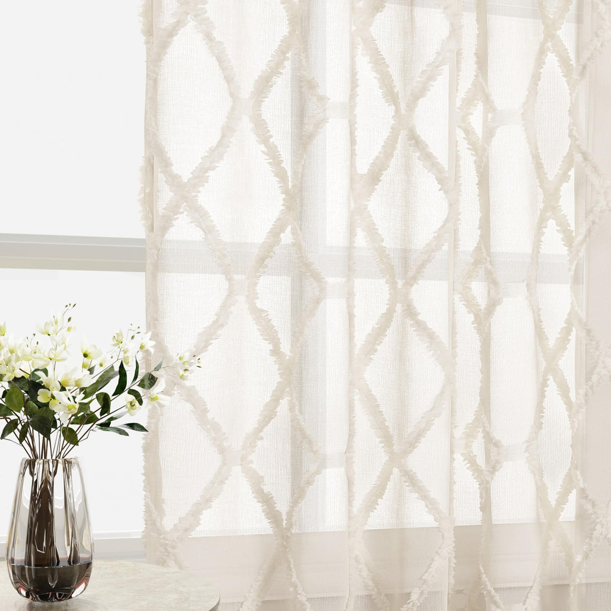 Beige Sheer Curtains 84 Inches Long for Living Room Rod Pocket Back Tab Sand Taupe Tan Semi Sheer Curtain Geometric Embroidered Tuft Pom Textured Drapes Earth Tone Farmhouse Rustic Bedroom Nursery Hokibero