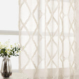 Beige Sheer Curtains 84 Inches Long for Living Room Rod Pocket Back Tab Sand Taupe Tan Semi Sheer Curtain Geometric Embroidered Tuft Pom Textured Drapes Earth Tone Farmhouse Rustic Bedroom Nursery Hokibero