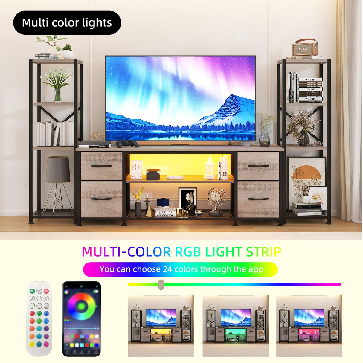 Yenlure LED TV Stand 60 Inch for Living Room with Charging Station, Entertainment Center with 2 Industrial Bookshelves, Modern Console Cabinet with Storage Drawers (Greige) Yenlure