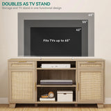 YITAHOME Rattan TV Stand for up to 65 Inch TVs, Boho Entertainment Center with Storage, TV Media Console with Drawers, Adjustable Shelves for Living Room (Natural Oak) YITAHOME