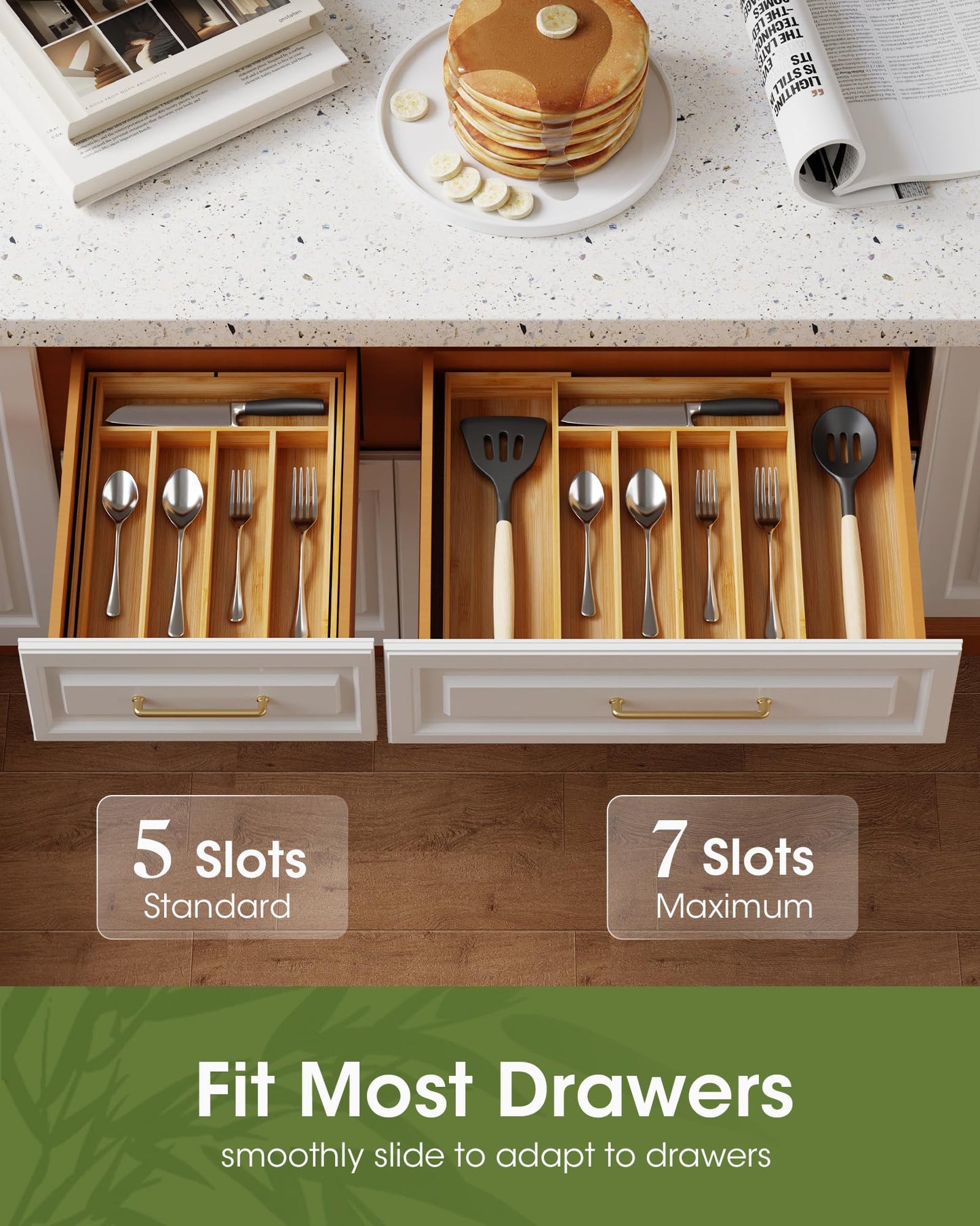 AUJEN Bamboo Silverware Organizer - Expandable Drawer Organizer, Adjustable Utensil Organizer, Kitchen Cutlery Drawer Organizer, Kitchen Organizers and Storage Holder for Flatware, 5-7 Slots, Natural