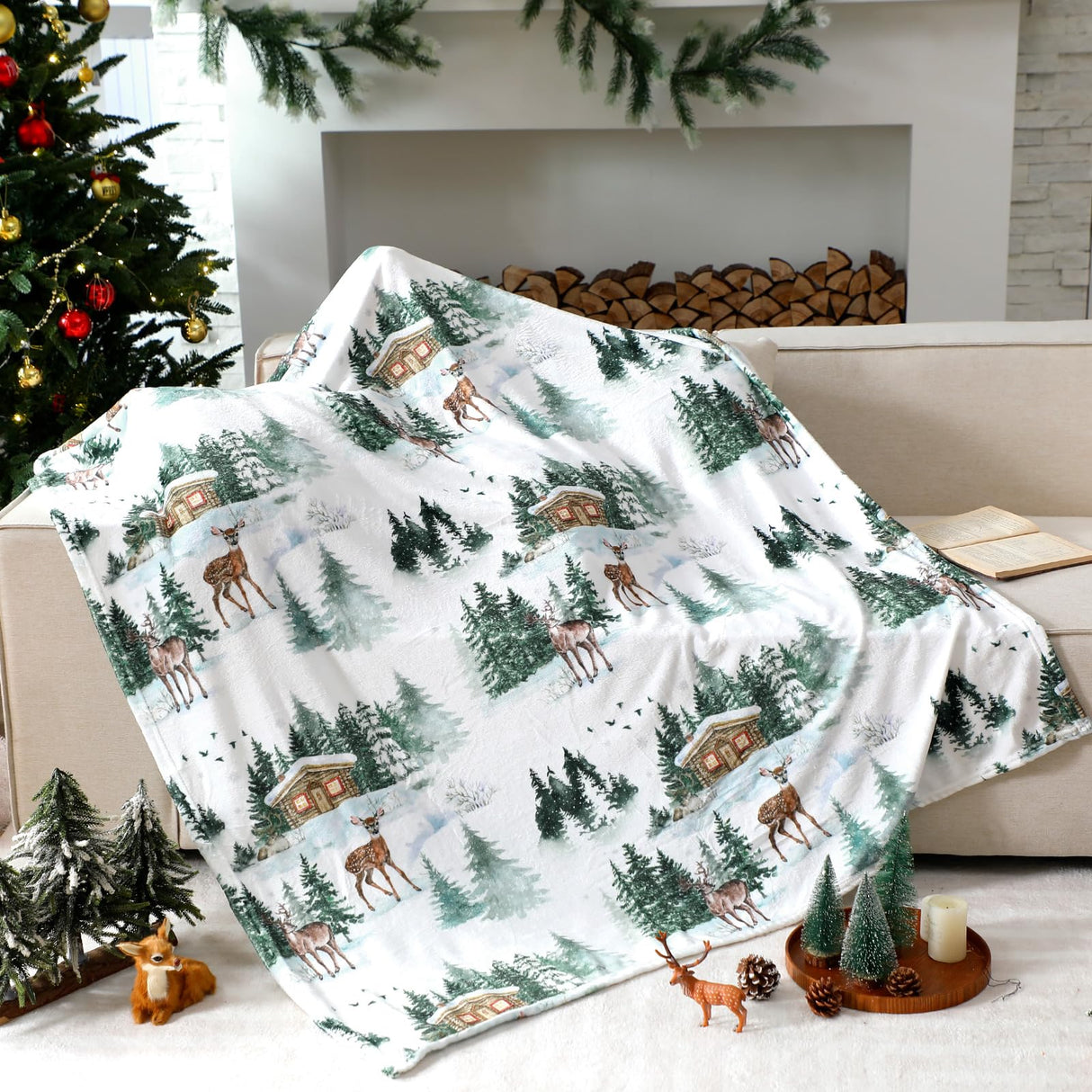Breling Christmas Throw Flannel Blanket Winter Elk Cozy Fuzzy Warm Throw Blanket with Holiday Themed Print Christmas Gift for Winter Couch Sofa Bed Home Decor 60"x50" Breling