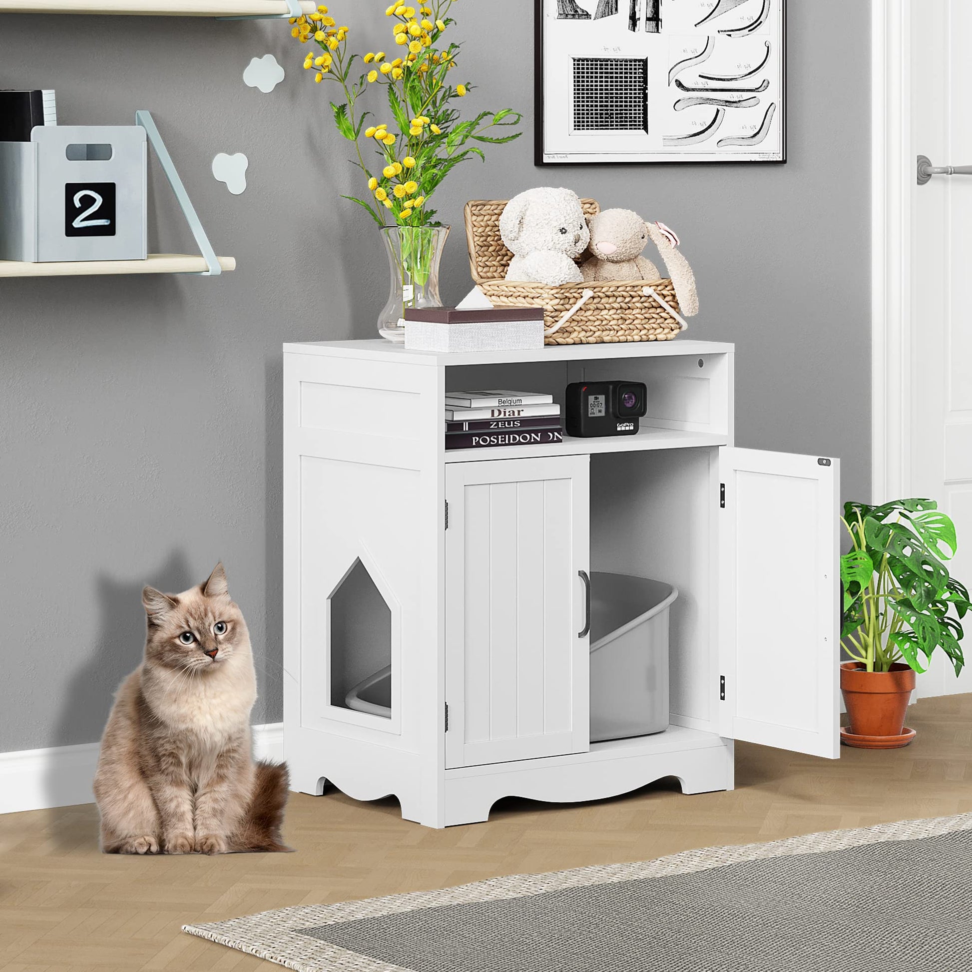 HOME BI Cat Litter Box Enclosure, Cat Litter Box Furniture Hidden, Cat Washroom Storage Bench, Pet Crate Furniture, Modern Wooden Cat Litter Cabinet, Cat Home, Kitty Hideaway, White - WoodArtSupply