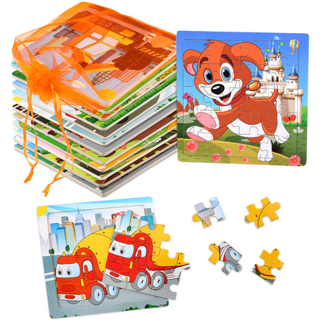 SANNIX 12 Pack Wooden Jigsaw Puzzles for Toddlers 3 4 5 Years Old, Party Favors Animals Jigsaw for Kids, Transportation Educational Puzzles Travel Toy with 12 Organize Bags SANNIX