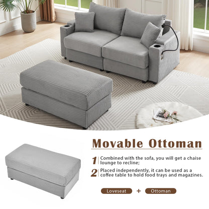 Deep Seat Modular Sectional Sofa Cloud Couch with Movable Ottoman, Corduroy Upholstered Oversized Loveseat Convertible Sleeper Sofabed Lounge Daybed w/Cup Holders & 2 USB Ports & Phone Holder