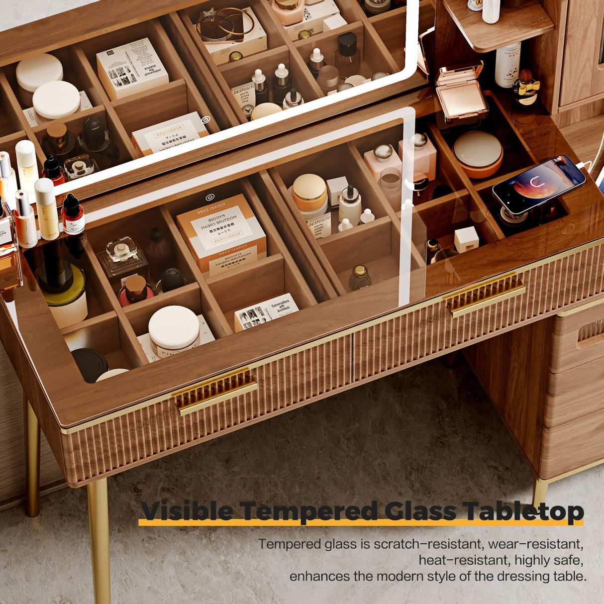 Vanity Desk with 29.53" HD Lighted Mirror, 47.24" Big Modern Vanity Desk with Mirror and Lights, Makeup Vanity with 5 Drawers and Storage Shelves and Charging Station,Brown Arulvmrn