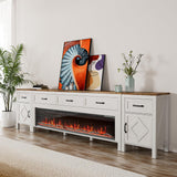 BVIUNTWO Farmhouse TV Stand with Fireplace for TVs Up to 100 Inch,Entertainment Center with 60" Electric Fireplace,98" TV Console with Storage Cabinet Drawers for Living Room(Off White) BVIUNTWO
