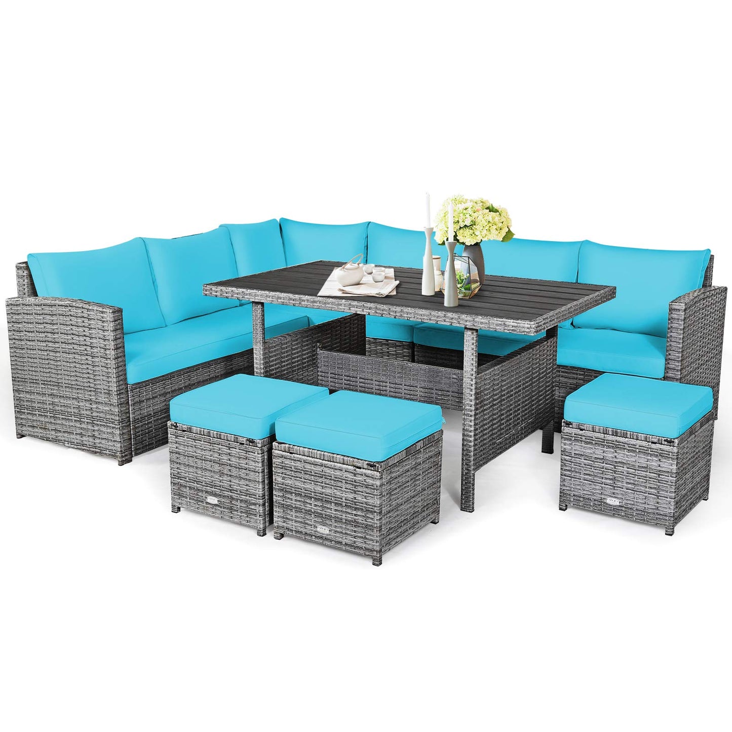 Tangkula 7 Pieces Patio Furniture Set, Outdoor Sectional Rattan Sofa Set with Cushions, All Weather Wicker Conversation Couch Set w/Dining Table & Ottomans for Backyard Garden Poolside (Turqu - WoodArtSupply