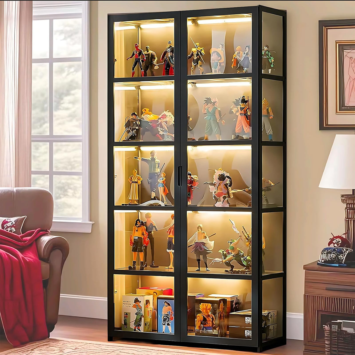 Curio Display Cabinet, 5 Tier Storage Shelves with Acrylic Glass Door, Transparent Bamboo Display Case for Figures, Display Shelves for Collectibles & Kids Bookcase for Home (Black Double Door) iusyugh