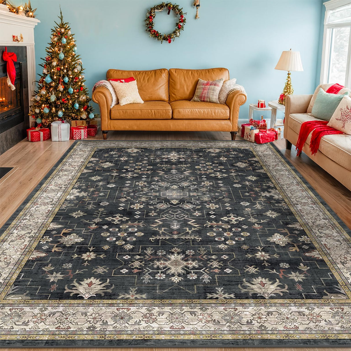 Black Farmhouse Washable 8x10 Area Rugs for Living Room, Bedroom, Dining Room Kitchen Table Rug for Under Table, Office, Dark Charcoal Tumble Stain Resistant Non-Slip Large Washable (8x10 Black/Multi) Hazo Haus
