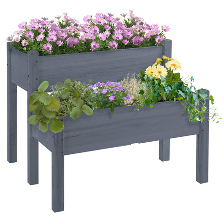Outsunny 34"x34"x28" Raised Garden Bed, 2-Tier Elevated Wood Planter Box for Backyard, Patio to Grow Vegetables, Herbs, and Flowers, Gray Outsunny