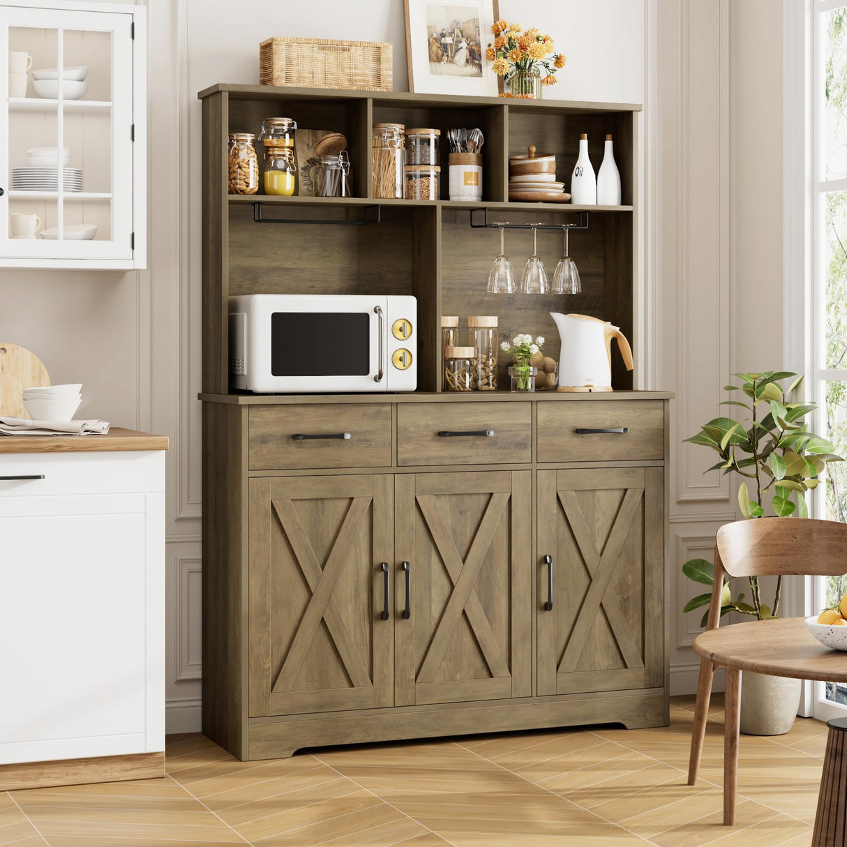 HOSTACK Buffet Cabinet with Hutch, Modern Farmhouse Kitchen Buffet Sideboard Storage Cabinet with 3 Drawers, Barn Door Coffee Bar Station, Liquor Cabinet for Dining Room, Living Room, Rustic Brown HOSTACK