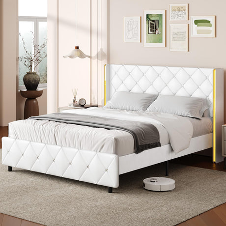 Full Bed Frame with Headboard, PU Leather Platform Bed with Wingback, Modern Bed Frame with Diamond Tufted, No Box Spring Needed, Easy Assembly, White HOMBCK