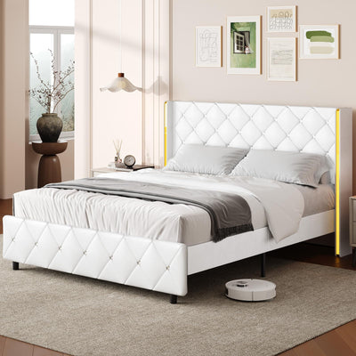 Full Bed Frame with Headboard, PU Leather Platform Bed with Wingback, Modern Bed Frame with Diamond Tufted, No Box Spring Needed, Easy Assembly, White