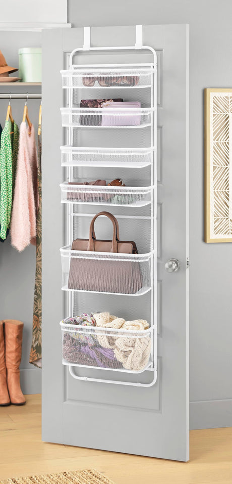 Whitmor Over The Door Organizer - 6 Sections - Pantry, Bathroom, Accessory Organizer - Metal and Mesh - White Whitmor