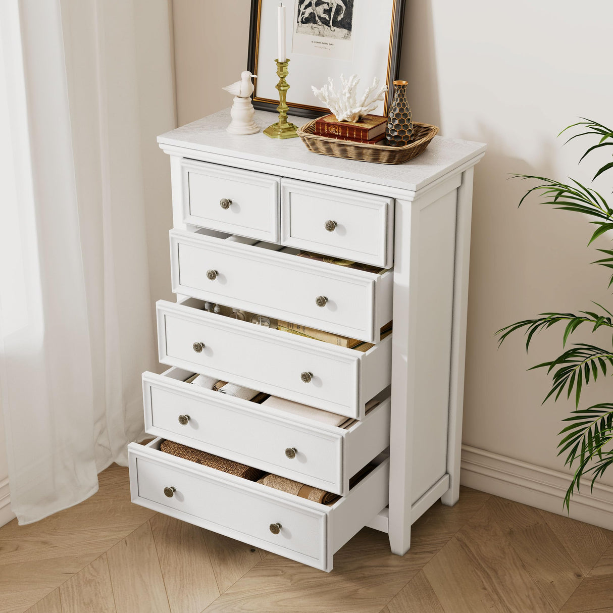 BLANKSPACE White Farmhouse Dresser, 6 Chest Drawer Dresser for Bedroom, Large Capacity Nightstand, Modern Wood Cabinet for Bedroom, Living Room, Closets, Hallway BLANKSPACE