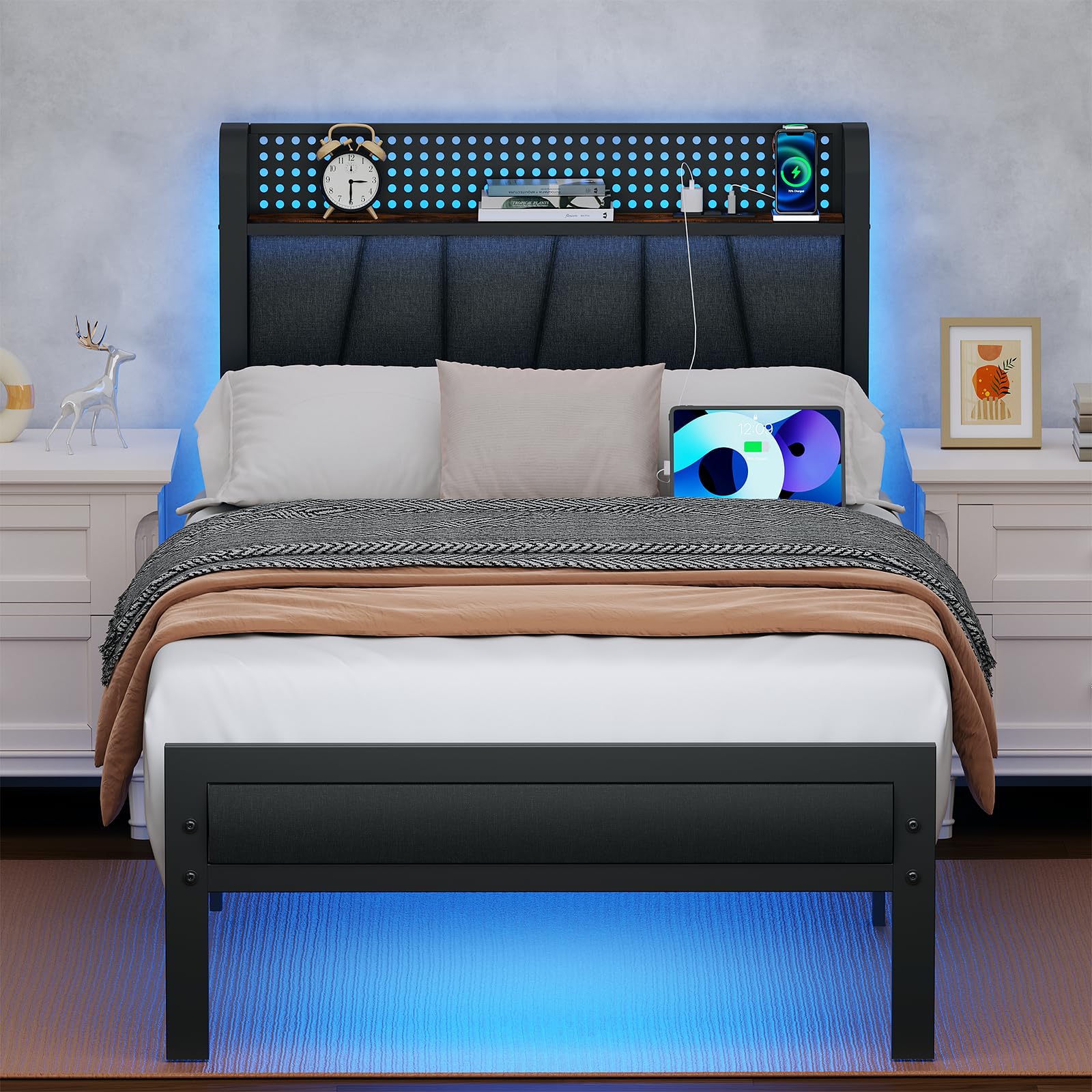 Furnulem Twin Size Bed Frame with LED Lighting, Charging Station, and Upholstered Storage Headboard in Grey - WoodArtSupply