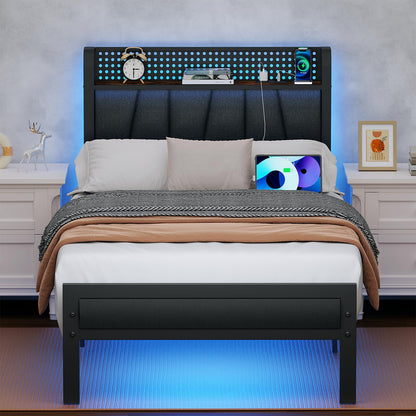 Furnulem Twin Size Bed Frame with LED Lighting, Charging Station, and Upholstered Storage Headboard in Grey - WoodArtSupply