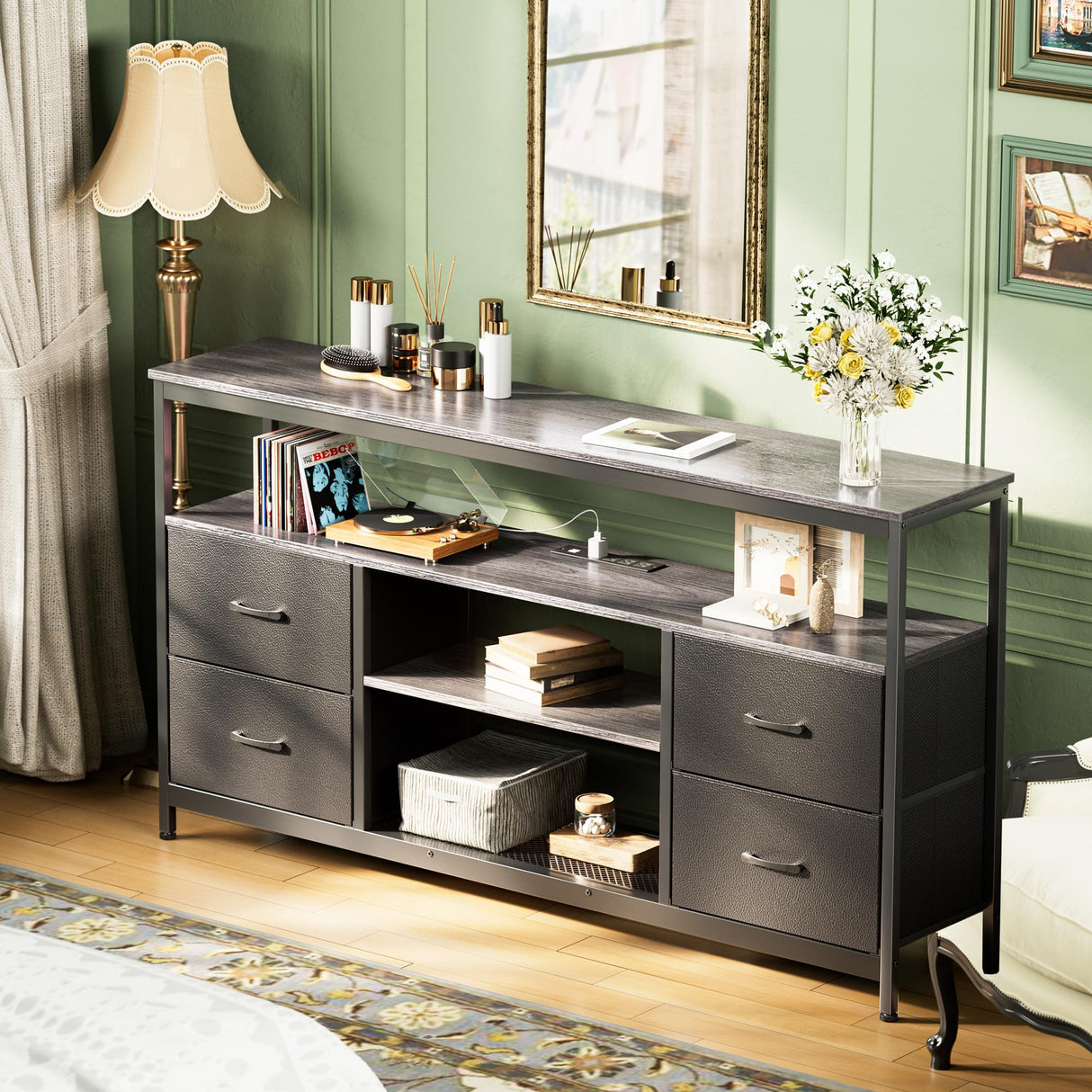 Huuger TV Stand Dresser with Power Outlets and LED Lights, 4 Drawers Entertainment Center with Shelves, 54in Media Console for 55 60 Inch TV, Dresser with PU Finish, Grey and Black Huuger