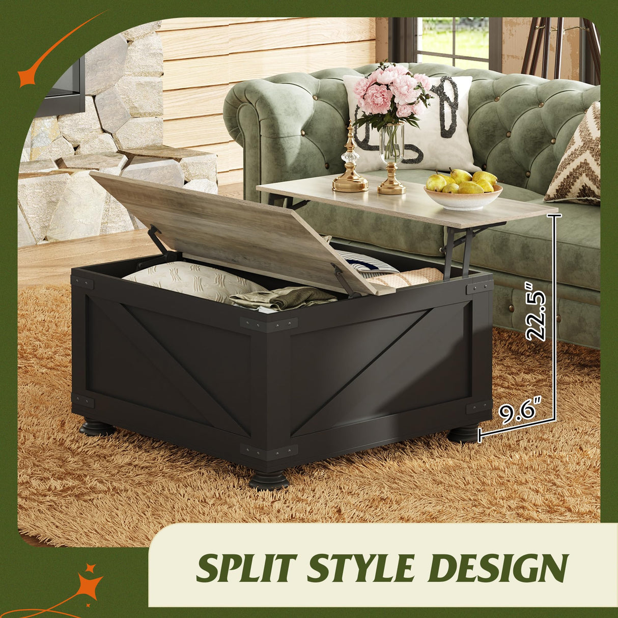 WLIVE Farmhouse Coffee Table,Square Wood Lift Top Coffee Table with Storage,Center Table for Living Room,Home Office,Black and Grey Oak WLIVE