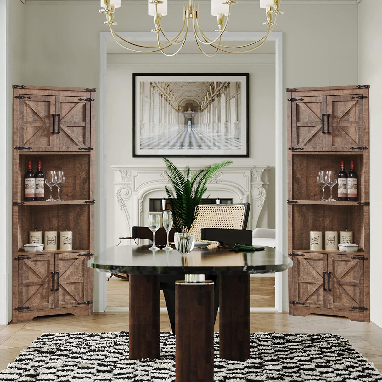 JXQTLINGMU Farmhouse Corner Cabinet, Tall Corner Bathroom Storage Cabinet with Barn Door & Adjustable Shelves, for Living Room, Kitchen,Utility Room (Rustic Brown) JXQTLINGMU