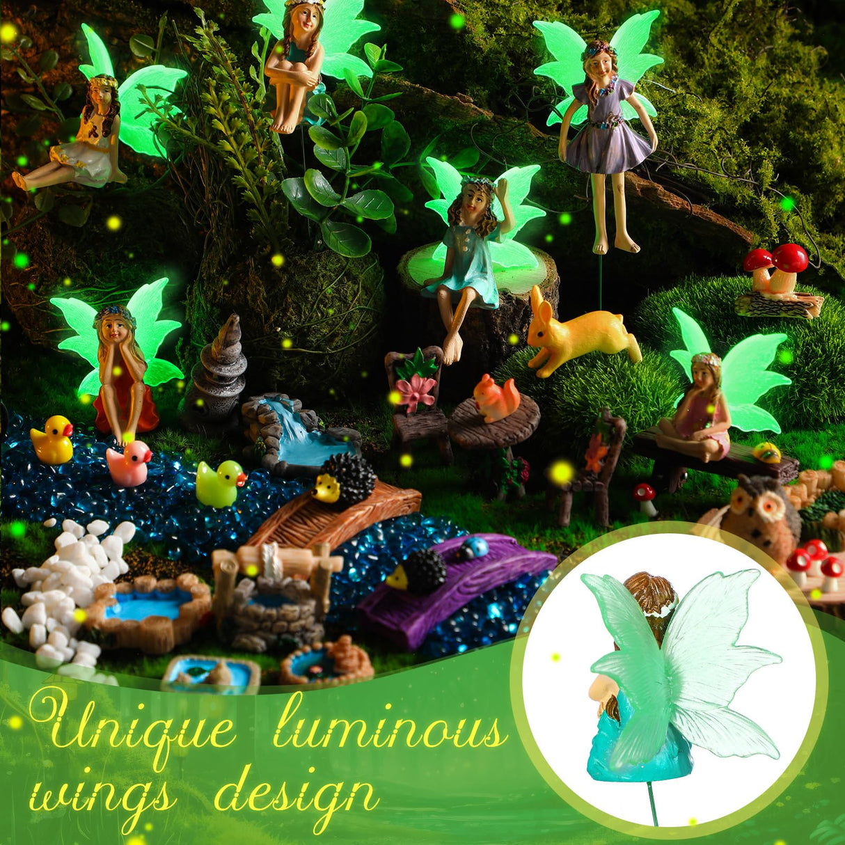 Shellwei 50 Pcs Garden Accessories Miniatures Small Fairies Kit with Luminous Wings Animals Cute Tiny Mushroom Mini Pond Bridge Figurine Micro Landscape Ornaments for Home Garden Shellwei