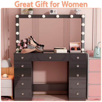 Vanity Desk with Power Outlet, Makeup Vanity with Mirror and 14 LED Light, 3 Lighting Modes,11 Drawer Vanity Table with Sliding Jewelry Storage, Glass Top, Specular Surface, Black