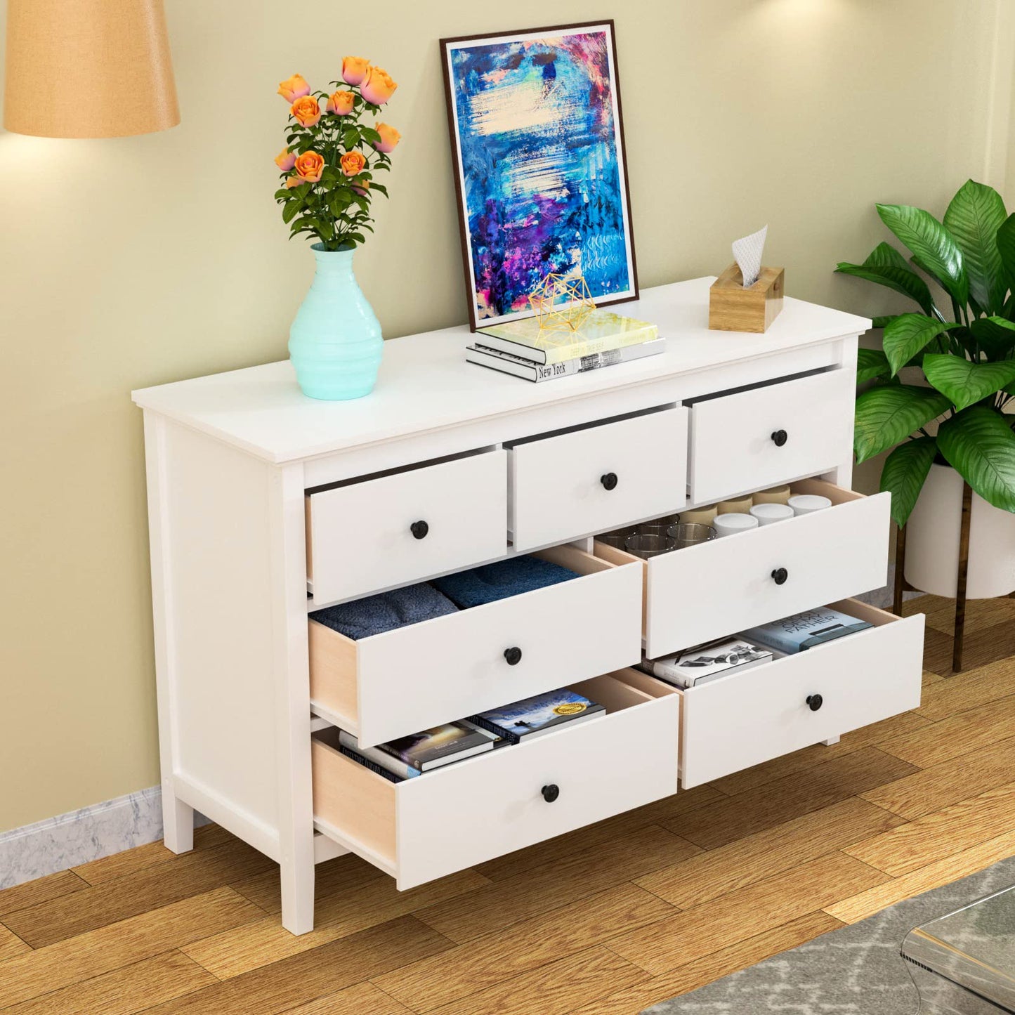 CARPETNAL White Modern Dresser for Bedroom, 7 Drawer Double Dresser with Wide Drawer and Metal Handles, Wood Dressers & Chests of Drawers for
