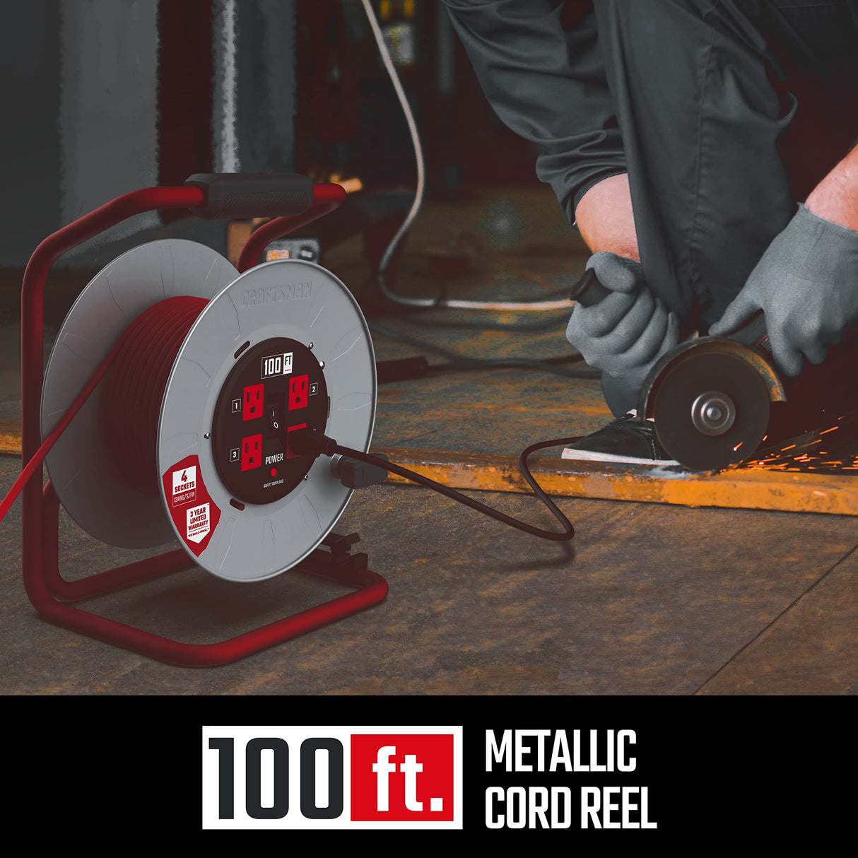 CRAFTSMAN 100 Ft. Contractor Retractable Extension Cord Reel With 4 Outlets & Heavy Duty 12AWG SJTW Cable CRAFTSMAN