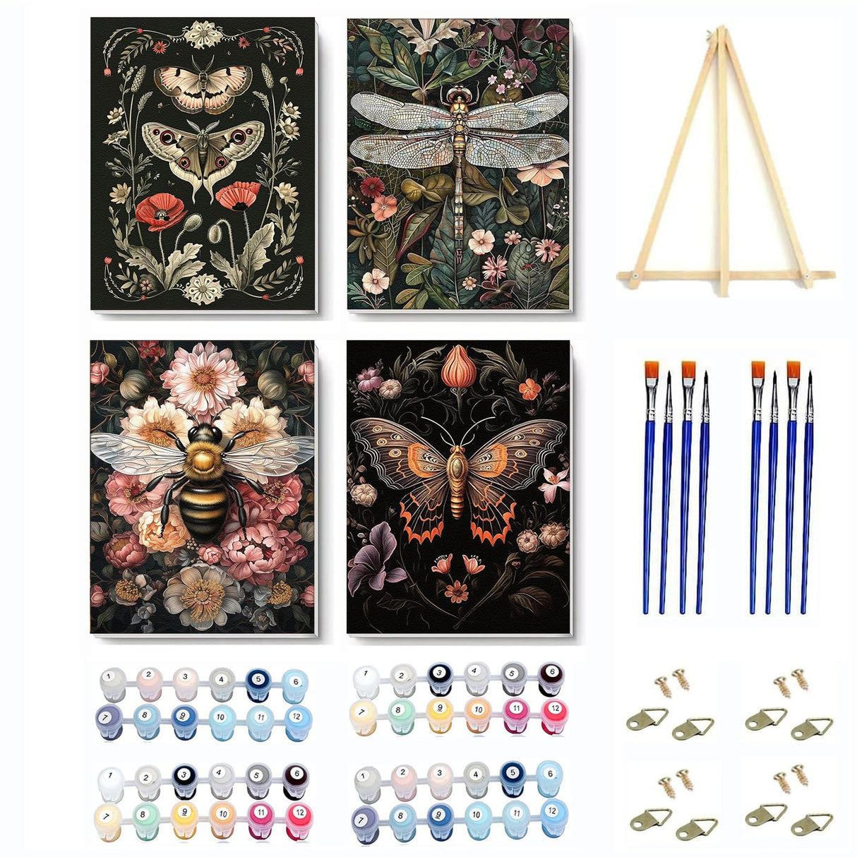 4 Pack Insect Paint by Numbers Kit for Adults Beginner with Frame,Dragonfly Moth Bee Butterfly Paint by Number with Wooden Easel DIY Landscape Adult Paint by Number Kits for Home Decor 9x12inch Kaixine