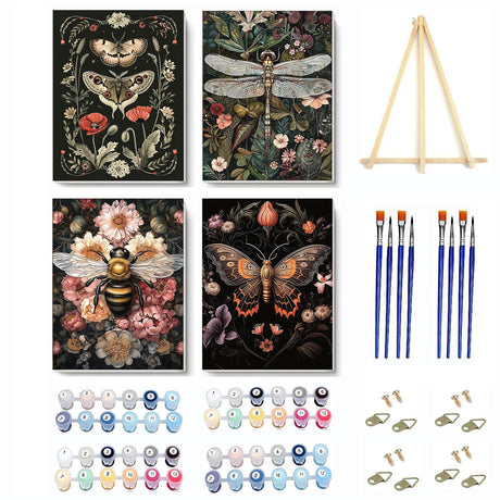 4 Pack Insect Paint by Numbers Kit for Adults Beginner with Frame,Dragonfly Moth Bee Butterfly Paint by Number with Wooden Easel DIY Landscape Adult Paint by Number Kits for Home Decor 9x12inch Kaixine